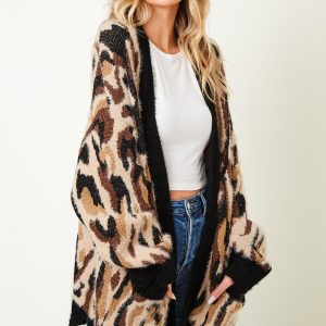 Leopard Print Cardigan: Fuzzy Long Sleeve Animal Sweater